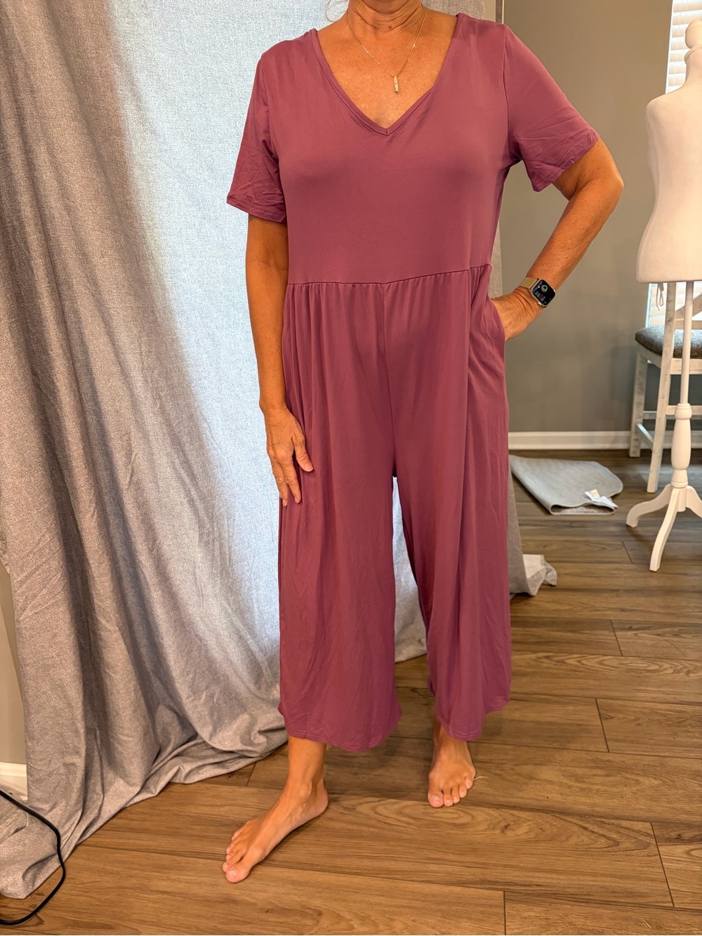 XL NWOT Wide Leg Jumpsuit V-Neck Short Sleeve Mauve Rose Casual Fall